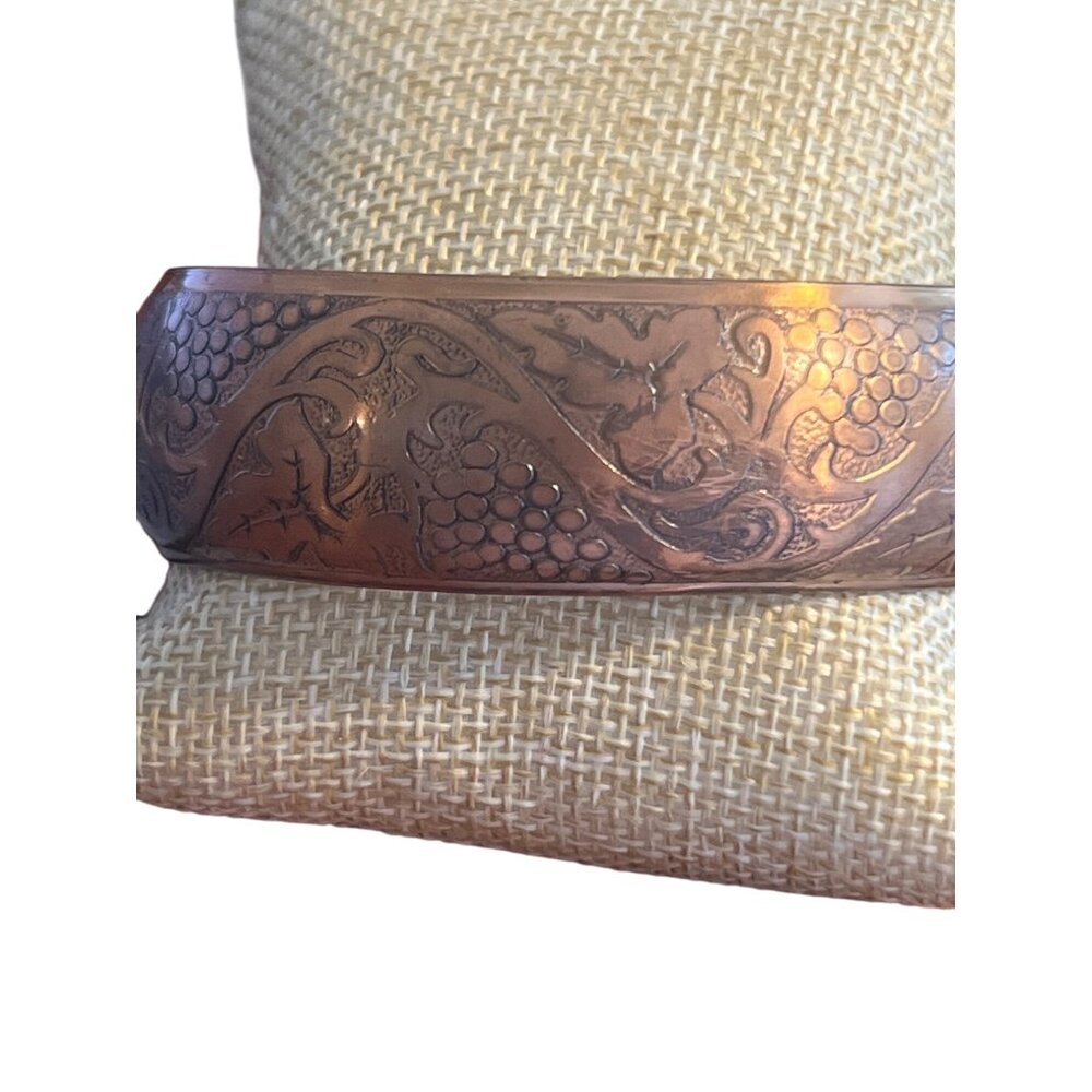 Vintage Brass Embossed Grape Vine Artisan Bangle Bracelet 1" Wide Estate 8"